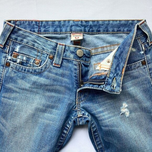 TRUE RELIGION BUDDHA BACK POCKET EMBROIDERY DISTRESSED FLARED RARE CROPPED JEANS - Picture 4 of 9
